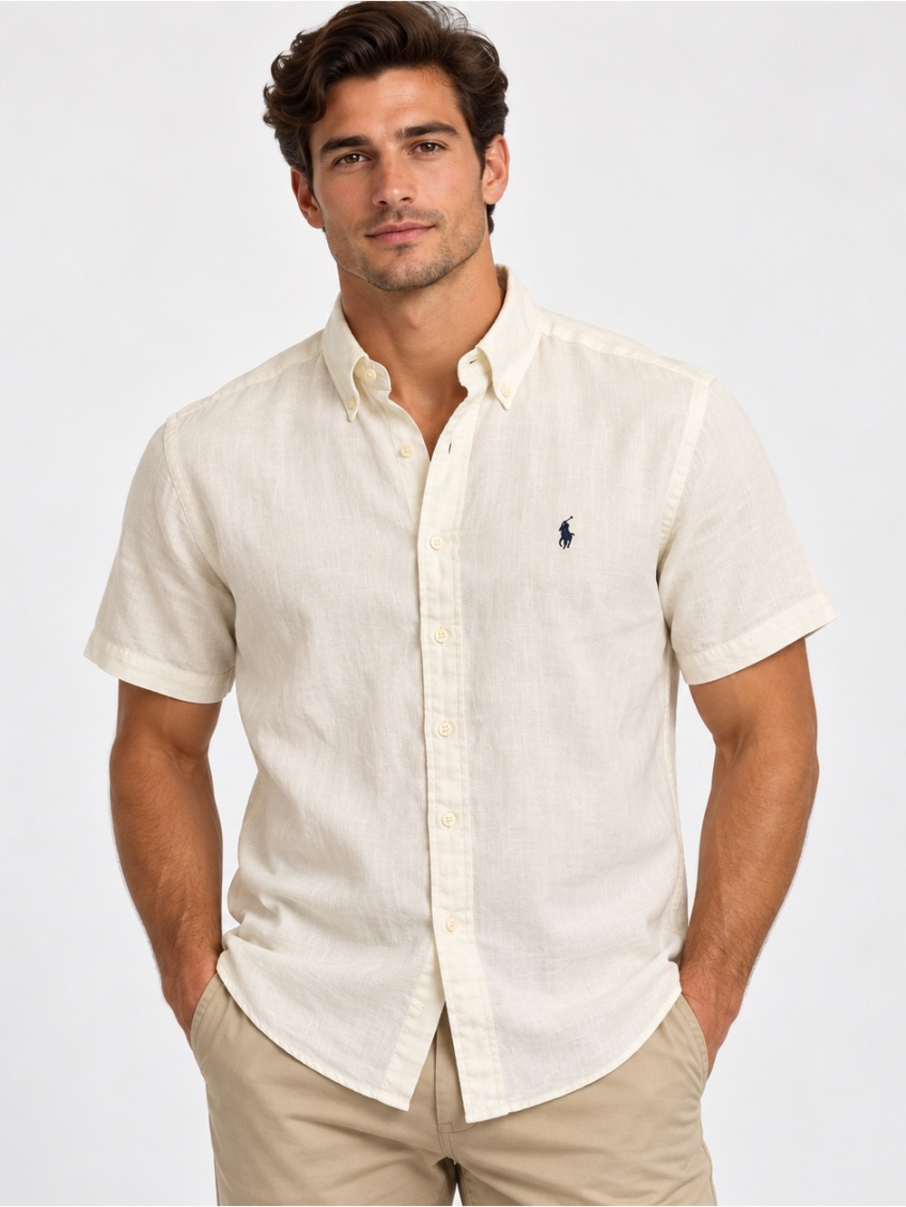 Ralph Lauren Linen Shirt Mens L Ivory Classic Fit Short Sleeve Button Down